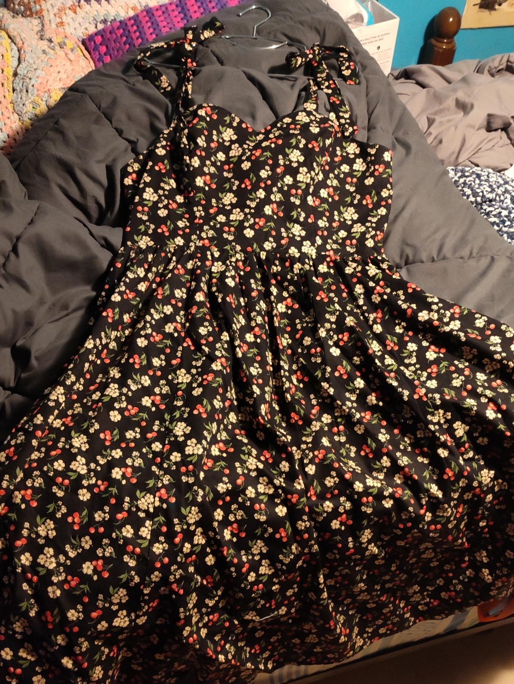 Express Black Midi Dress with Red Cherry & Cream Floral Print